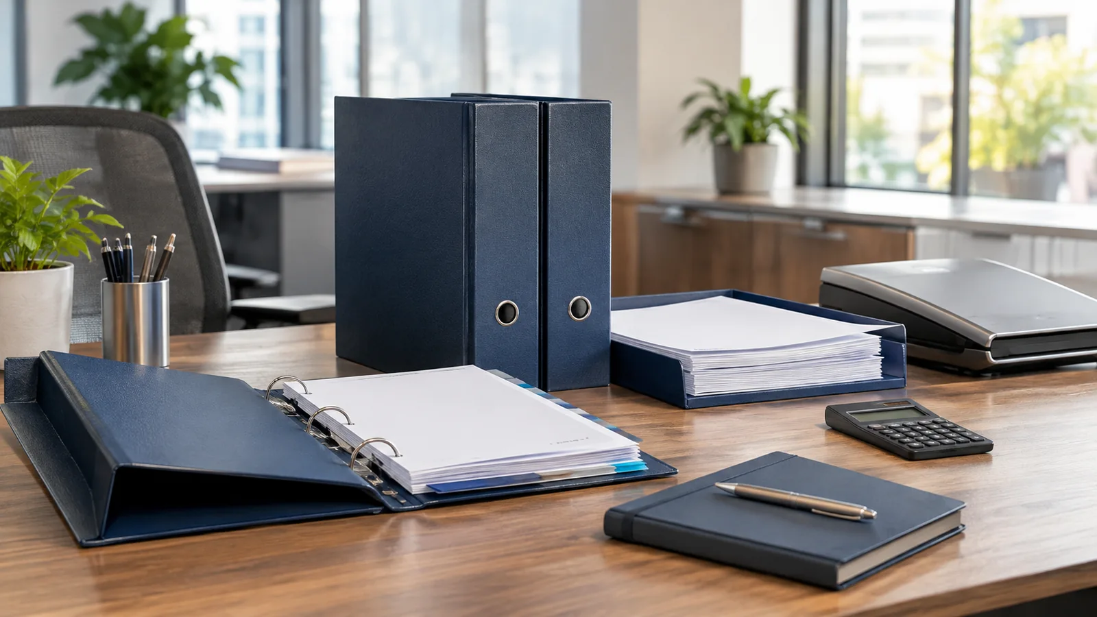 Organized bookkeeping handoff documents, bank statements and reconciliation files on an office desk